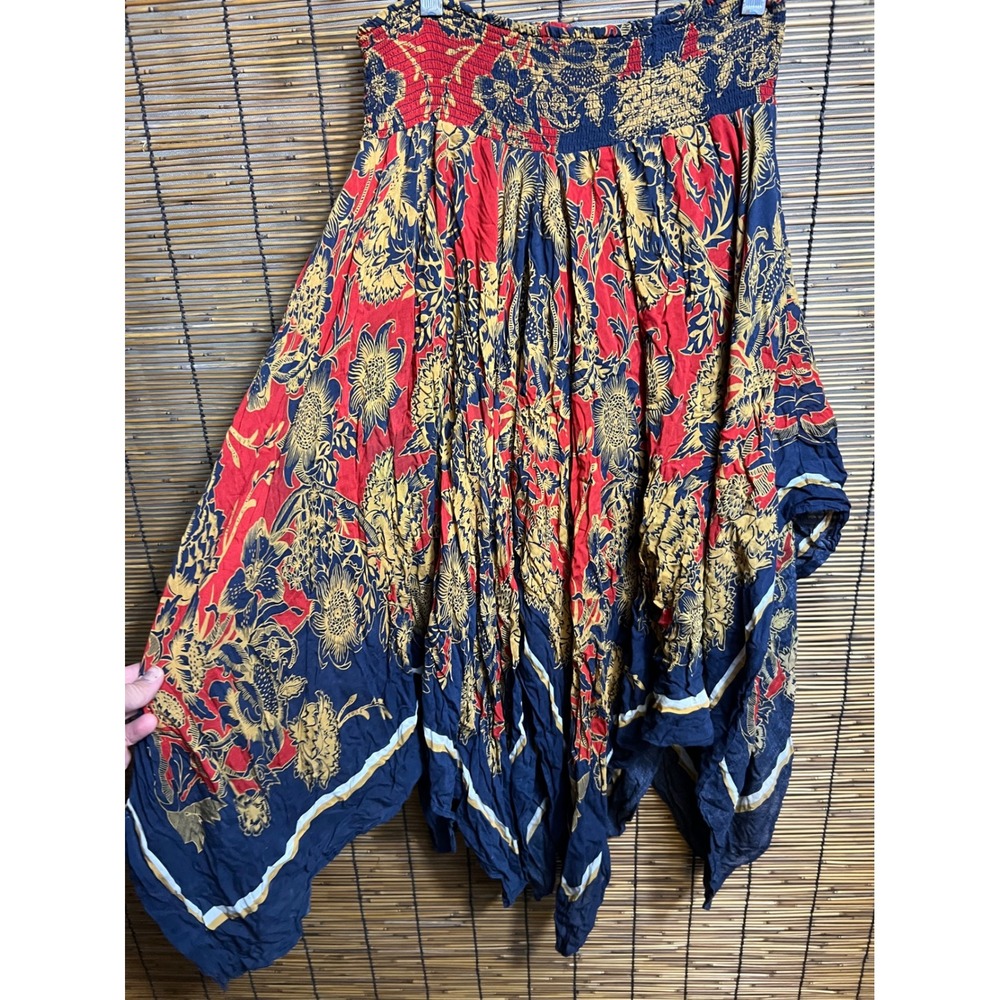 Free People Floral Handkerchief Hem Smocked Waist Bohemian Skirt Red Navy A15